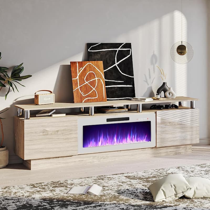 BOSSIN 80" TV Stand Entertainment Center with 36" Electric Fireplace, for TVs up to 90", High Gloss Cabinet with LED Light