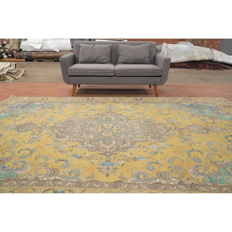 Hand Knotted Oriental 100% Wool Carpet Traditional Floral Yellow & Gold Tabriz Area Rug - 10' 11'' X 7' 6''