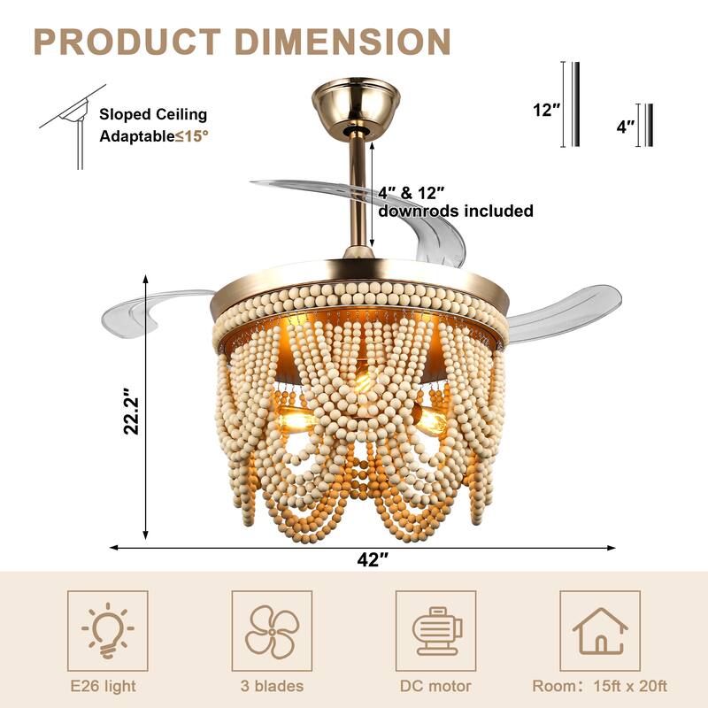 Bella Depot 42" Bohemian Retractable Ceiling Fan with Remote and Light 6-speed Reversible DC Motor