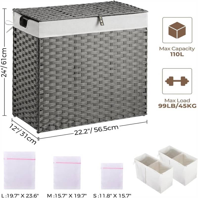 110L Wicker Laundry Baskets Foldable 2 Removable Liner Bags - 22.2"L x 13.3"W x 24"H