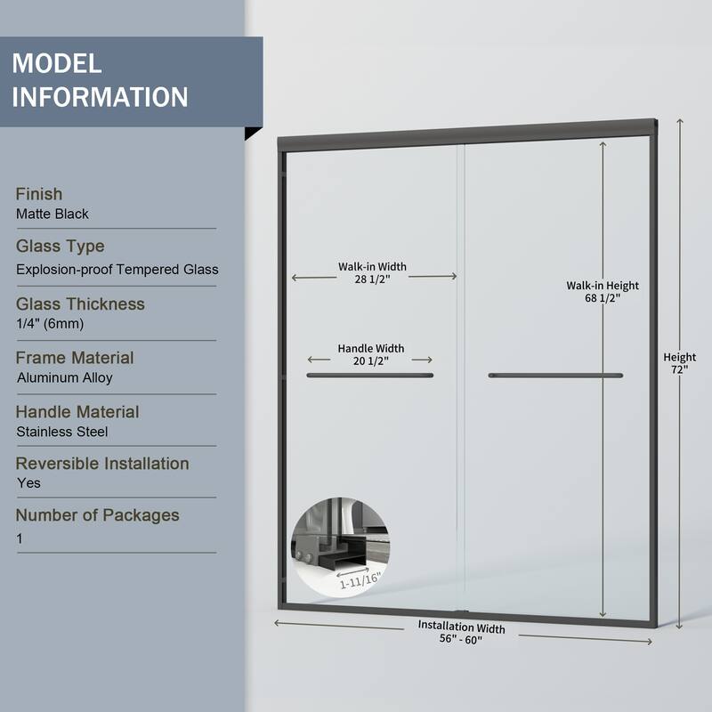 Anmytek 60x72 in Semi-frameless Double Sliding Shower Door