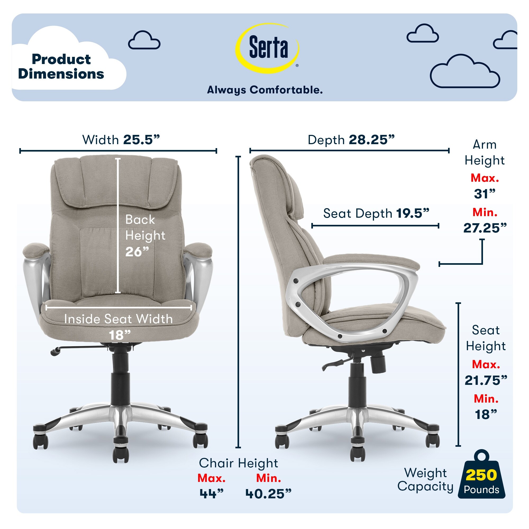 Serta Hannah Executive Microfiber Office Chair with Headrest Pillow,  Adjustable Ergonomic with Lumbar Support, Soft Fabric, Beige 