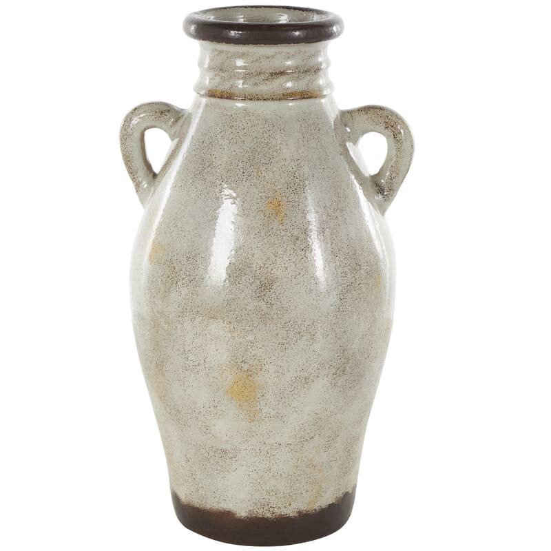 Ceramic Antique Amphora Decorative Vase with Speckled Texturing and Yellow and Brown Accents - Cream - Roche River Decor - Cream - 10"W, 18"H