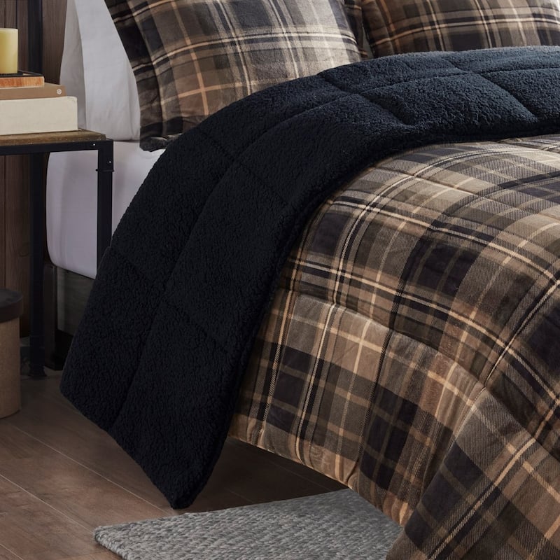 GDF Studio - Alton Plush to Sherpa Down Alternative Comforter Set - Beige Plaid