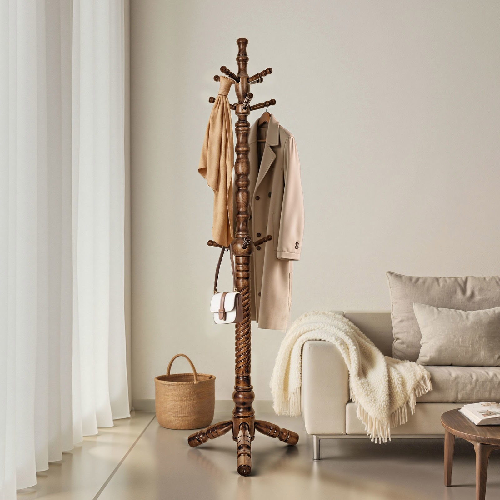 74.4" Solid Wood Coat Rack Freestanding, Coat Tree Stand with 11 Hooks - 74.4"H x 20.9"W