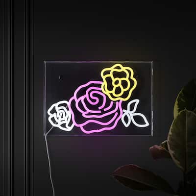 Crowd Of Roses 15" X 10.3" Contemporary Glam Acrylic Box USB Operated LED Neon Light, Pink/White/Yellow by JONATHAN Y