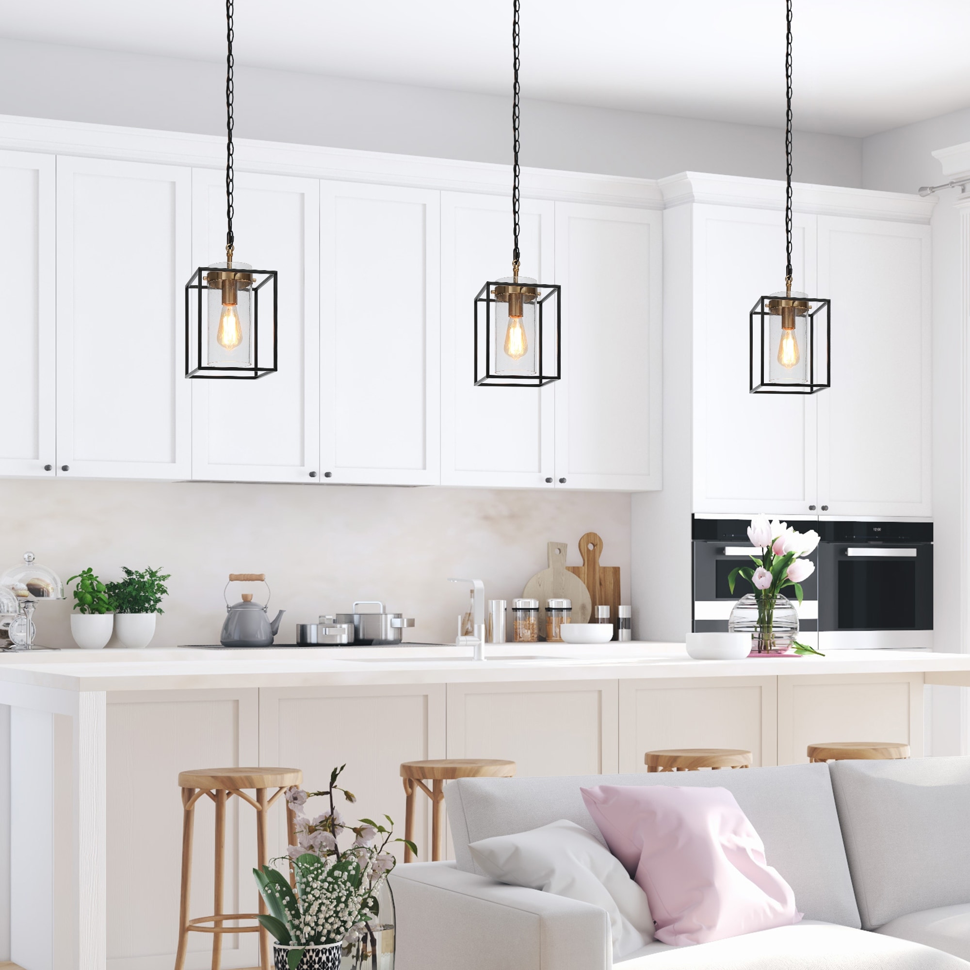 Modern Geometric 1-light Kirchen Island Pendant Lights with Seeded Glass Shade Dining Room - D 7.4'' x H 74.3"