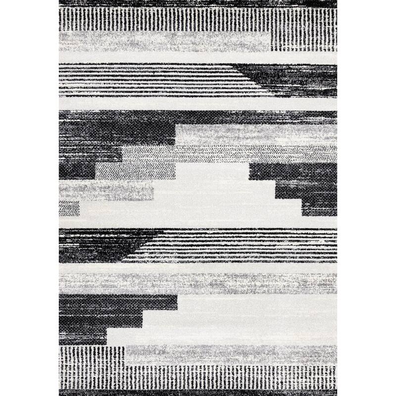 Soft Low-Pile Black White Patterned Lines Area Rug