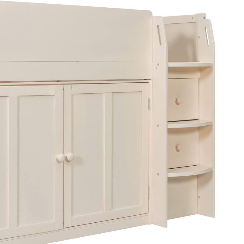 Roomfitters Twin Size House Loft Bed with Rolling Desk, Storage Cabinets and Staircase, All-in-One Space Saving Sleeper