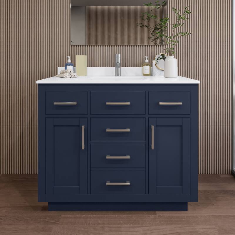Wyndham Collection WCG262642S-QTZ-UNSMXX Beckett TK 42" Free Standing - Dark Blue / White Quartz Top / Brushed Nickel