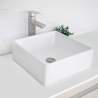 STYLISH 15"W White Porcelain Square Vessel Sink