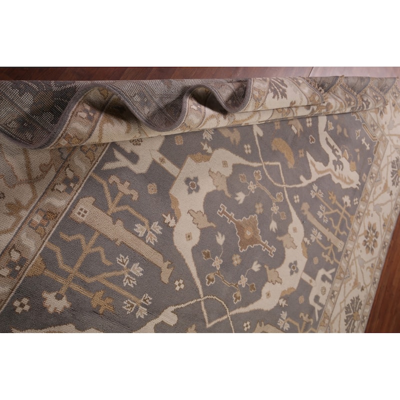 Gray Oushak Indian Rug Hand-Knotted Transitional Floral Wool Carpet - 9'1"x 11'7"