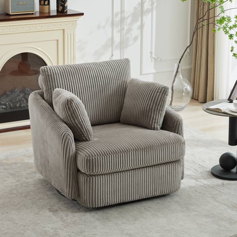 360° Swivel Accent Armchair for Living Room, 40.55" Upholstered Sofa Chair Round Corduroy Club Chair with 2 Pillow - Grey