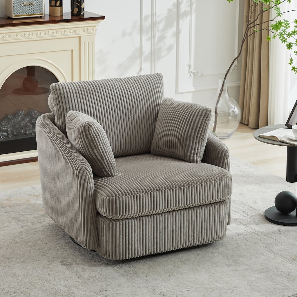 360° Swivel Accent Armchair for Living Room, 40.55" Upholstered Sofa Chair Round Corduroy Club Chair with 2 Pillow