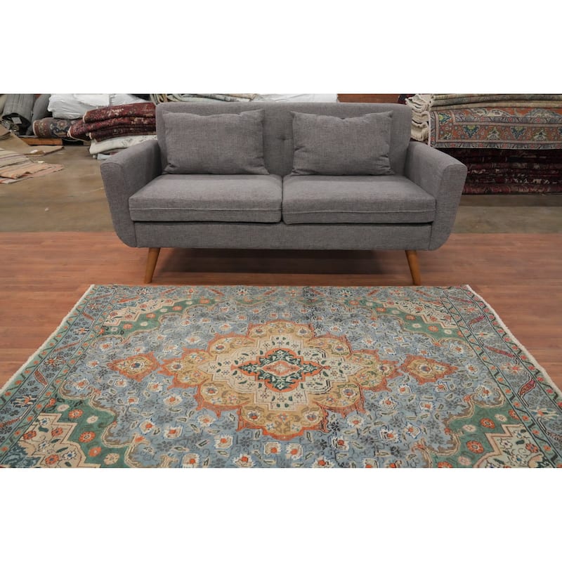 Hand Knotted Oriental 100% Wool Carpet Traditional Floral Navy Blue & Blues Tabriz Area Rug - 6' 1'' X 4' 7''