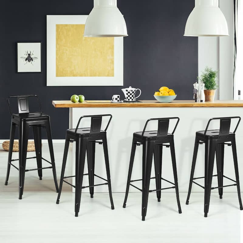 30" Set of 4 Metal Height Barstools with Low Back-Black - 17" x 17" x 37" (L x W x H)