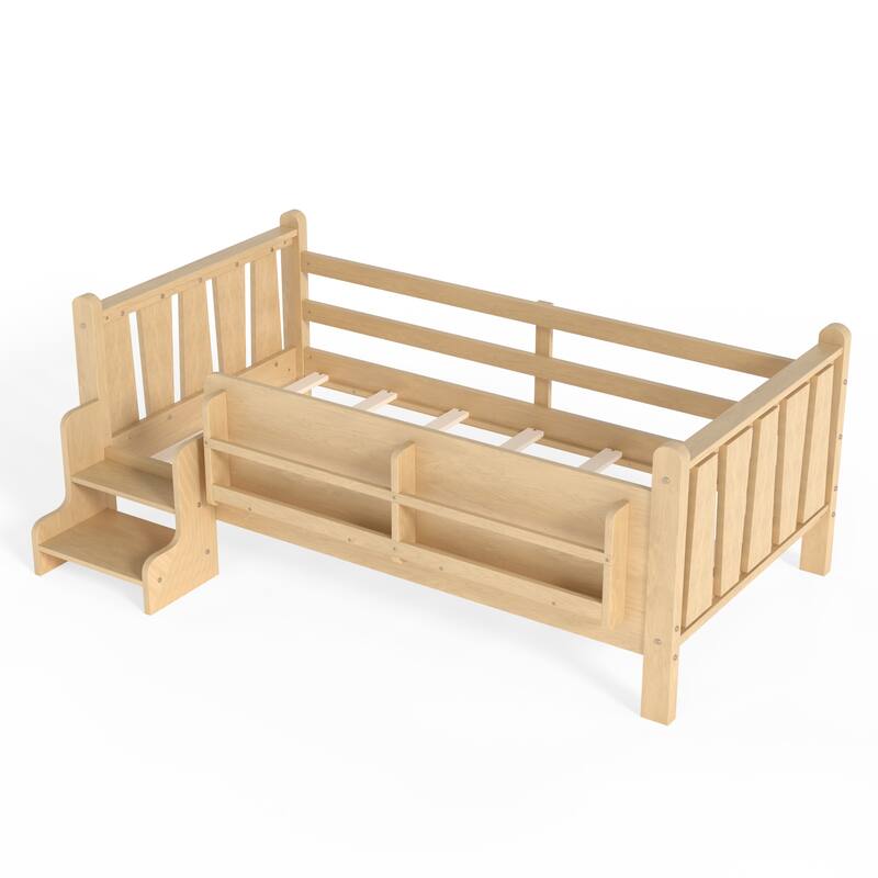 Full/Twin Floor Bed with Storage Bookcases & Cute Stairs - Solid Wood Kids Bed, No Box Spring