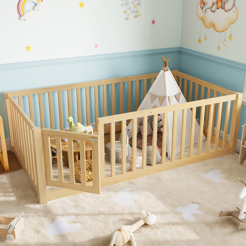 Montessori Floor Bed with Safety Guardrails & Door, Kids Low Profile Frame, Available in Queen/Full/Twin