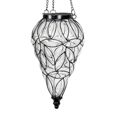 Exhart Solar Tear Shaped Hand Blown Glass Hanging Lantern with Fifteen LED lights, 7 by 24 Inches
