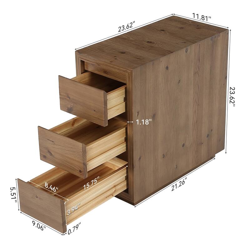 Solid Wood End Table with 3 Drawers, 23.62" H, No Assembly