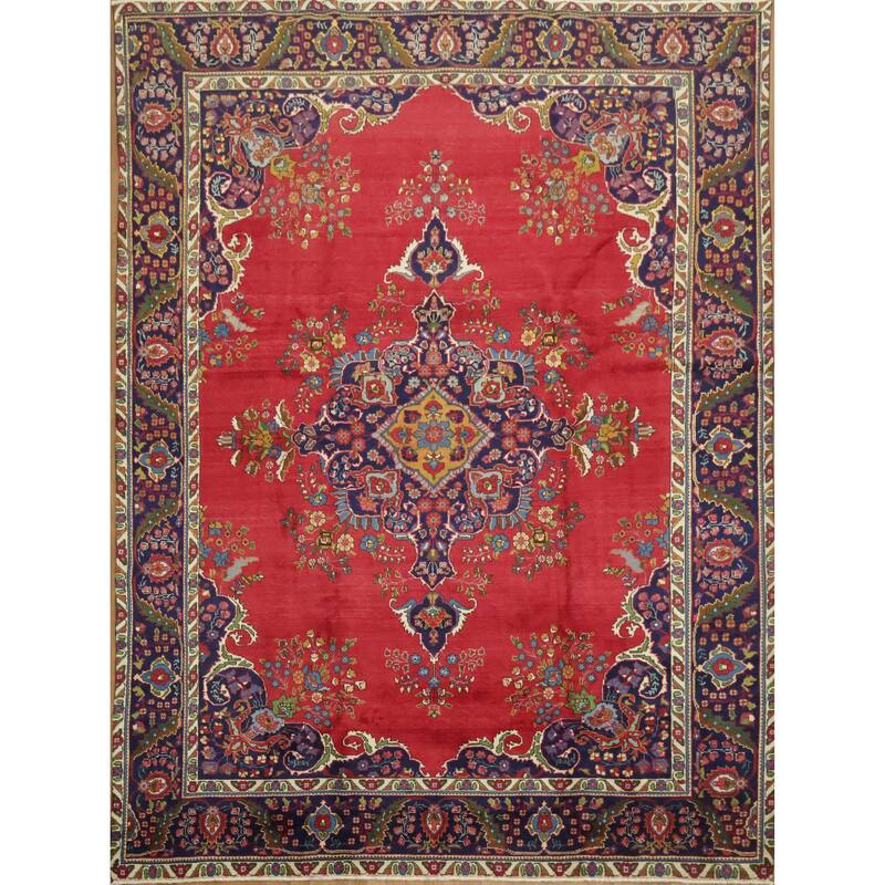 Hand Knotted Oriental 100% Wool Carpet Traditional Geometric Red Tabriz Area Rug - 12' 9'' X 9' 7''