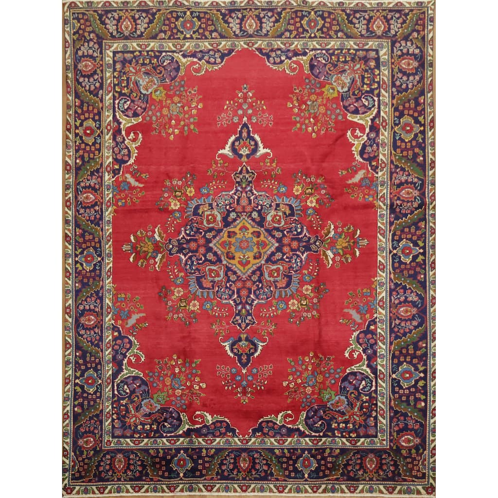 Hand Knotted Oriental 100% Wool Carpet Traditional Geometric Red Tabriz Area Rug - 12' 9'' X 9' 7''