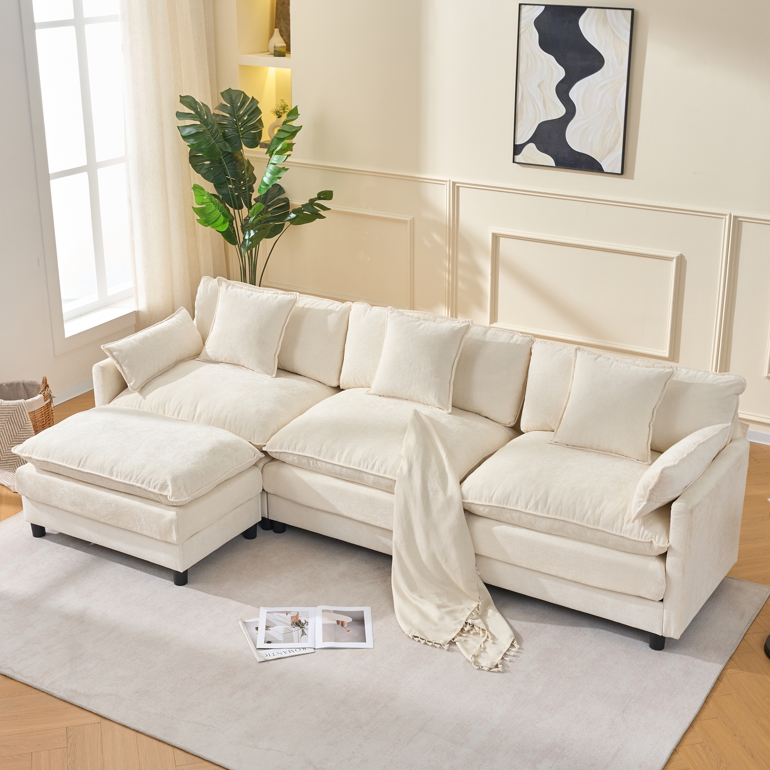 L Shaped Modular Sectional Sofa with Movable Ottoman, Chenille Upholstered Cloud Couch, Deep Seat Sofa with Pillow