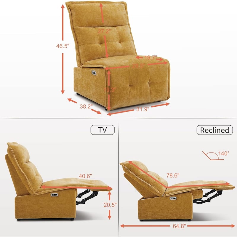 MCombo Armless Power Recliner Chair with USB Ports, 3.5" Wall Clearance Electric Reclining Sofa Chair for Living Room, ALR01