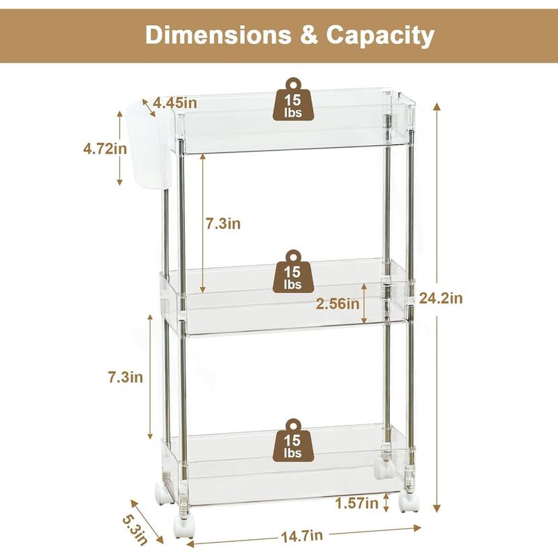 VECELO Small Rolling Cart, Storage Rack Trolley Cart, White Transparent Trolley Cart