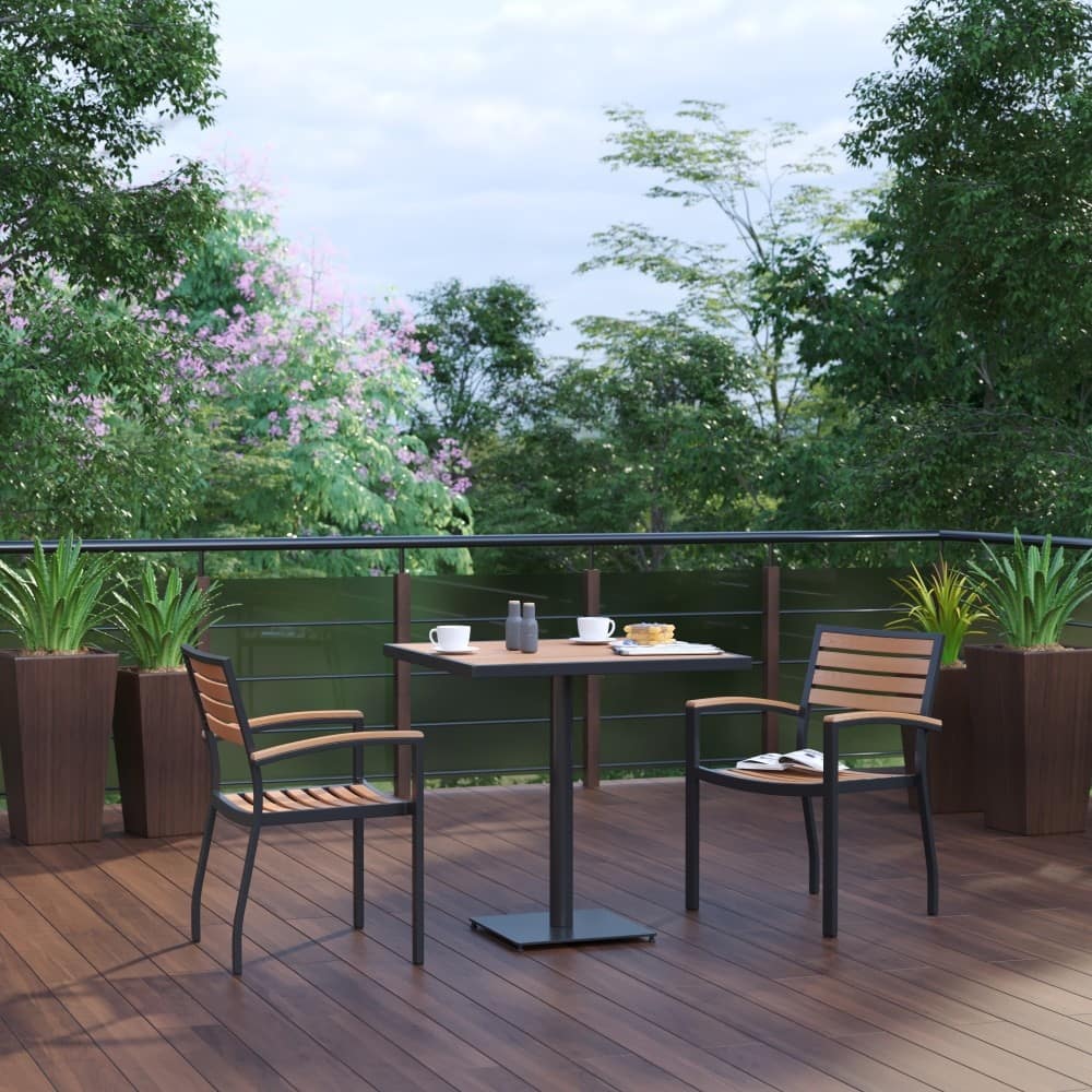 2 Faux Teak Accented Club Chairs and 30" Square Faux Teak Patio Table Set