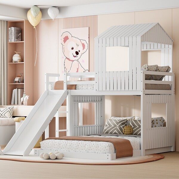Twin Over Full Bunk Bed with Playhouse Design Slide and Sturdy Wood Frame Fun for Kids