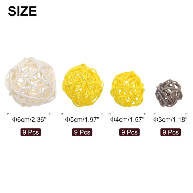 36 Pcs Vase Filler Decorative Balls, 2.4/2/1.6/1.2" Wicker Rattan Decor, Balls Bowl Fillers - White/Yellow/Gray