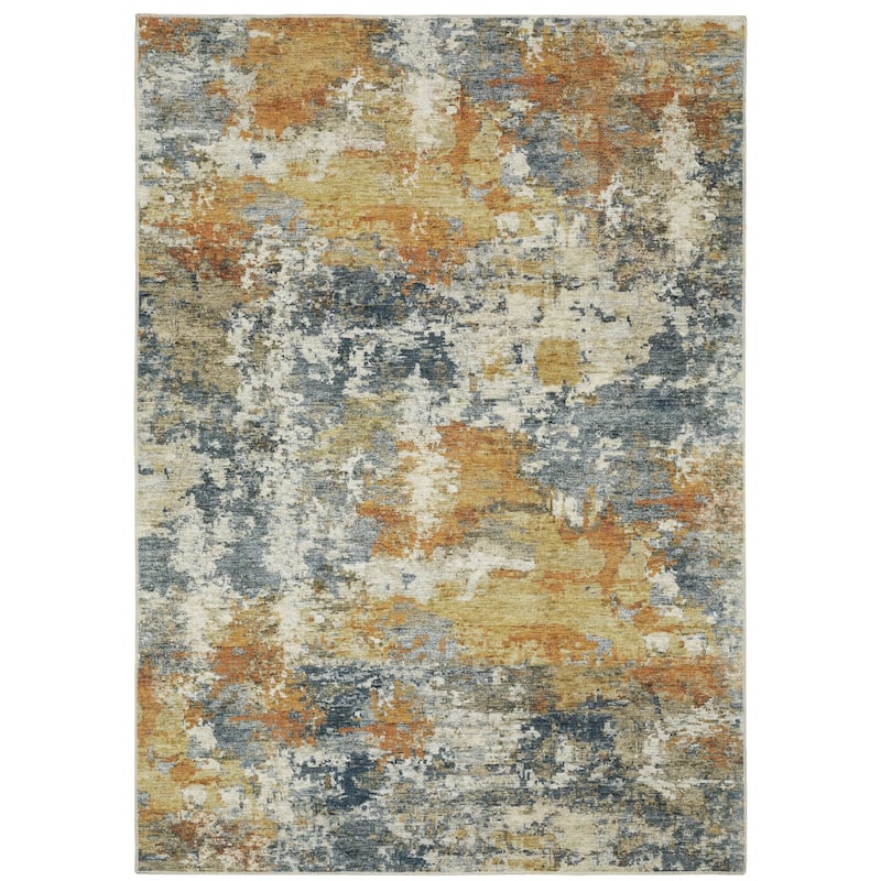 Lisburn Blue Gold Abstract Distressed Washable Casual Area Rug