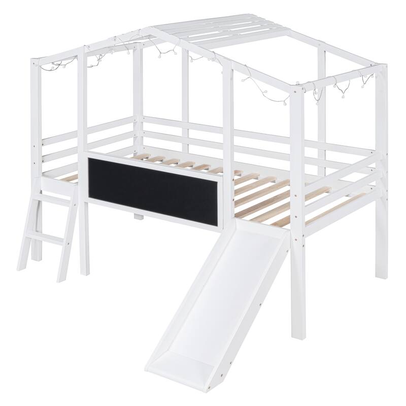 Twin Size Loft Bed with Ladder and Slid, House Bed Frame with Blackboard and Light Strip, Space-Saving Bed No Box Spring Needed