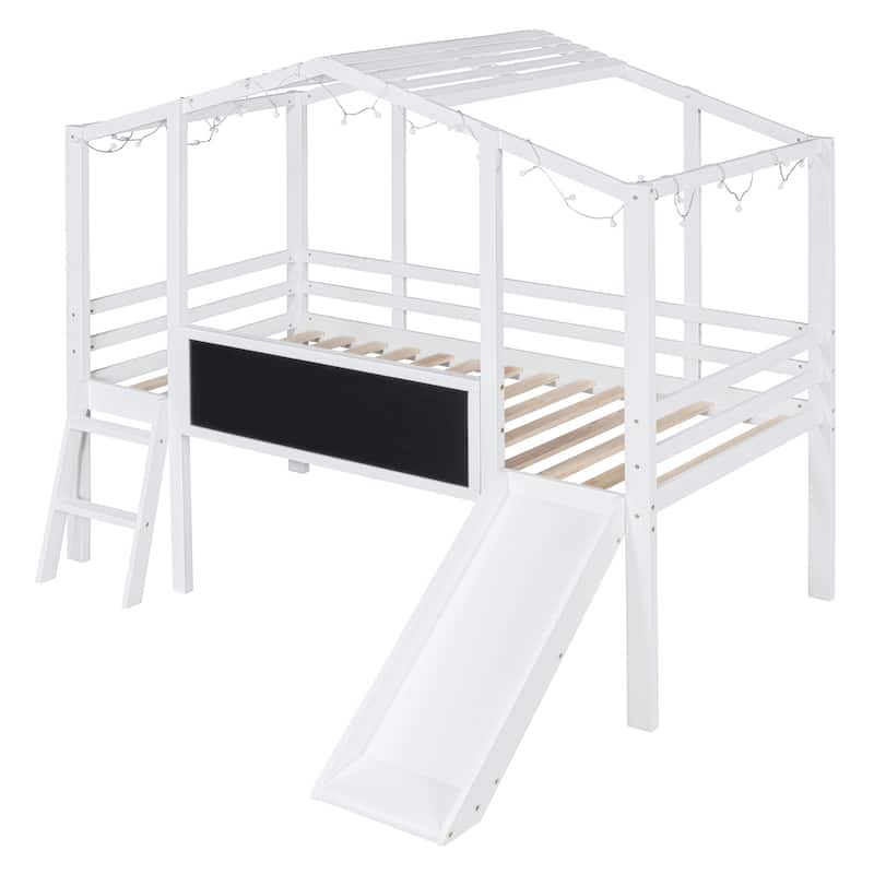 White Twin Size Solid Wood Loft Bed with Ladder and Slide, House Bed with Blackboard and Light Strip on the Roof