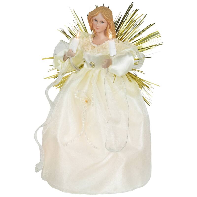 Angel with Candle Lighted Christmas Tree Topper - 10.5” - Gold - Clear Lights