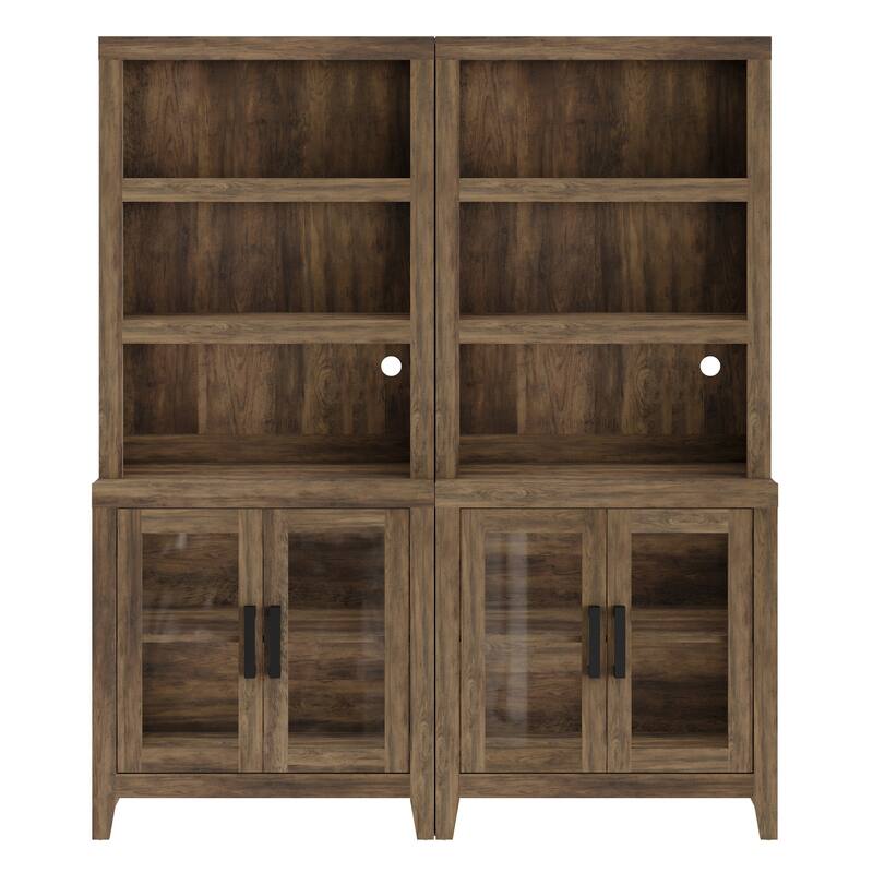 WAMPAT 3 Tier Bookshelf with Glass Door, 74" Tall Bookcase with Adjustable Shelf and Storage Cabinet, Farmhouse Wooden Bookshelf