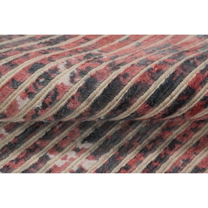 Hand Knotted Oriental Viscose Silk Carpet Modern Stripe Coral Abstract Area Rug - 6' 6'' X 4' 9''