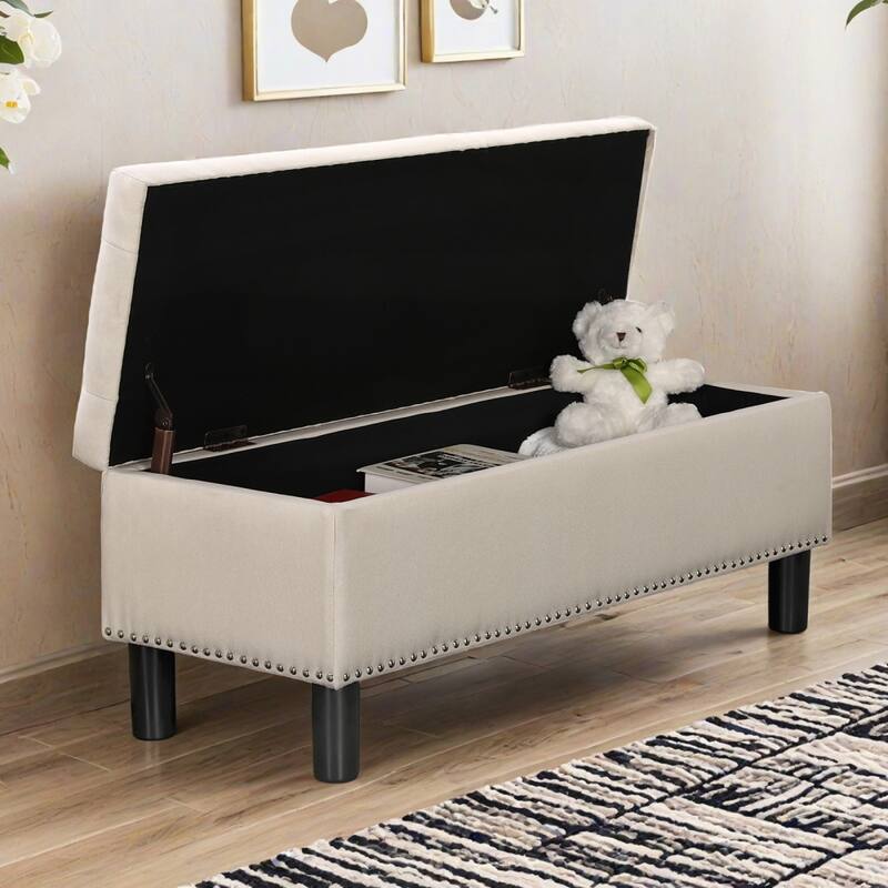 Upholstered Storage Ottoman Bench with Wood Legs and High-density Resilient Sponge