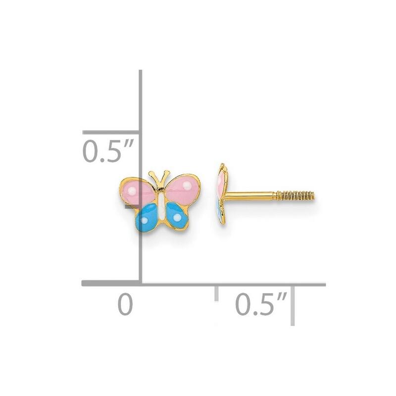 Curata 14kYellow Gold Pink/Blue Enamel Butterfly Screw back Post Earrings 5x7mm