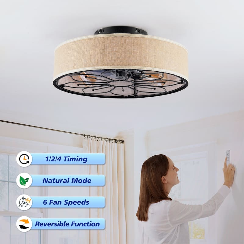 20" Lotus Design Fabric Farmhouse Bladeless Ceiling fan With Remote Control For Living room, Bedroom,Kitchen
