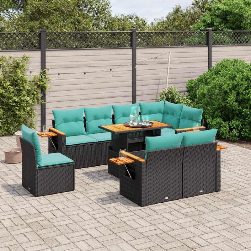vidaXL Patio Sofa Set with Cushions Outdoor Furniture 9 Piece Poly Rattan - Black - 21.7 x 24.4 x 27.2