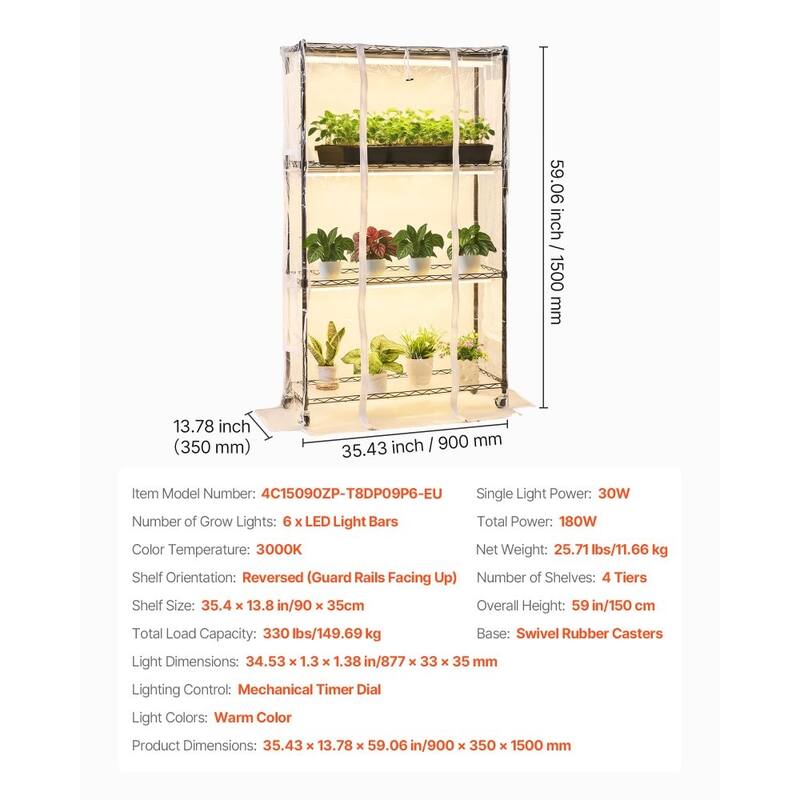Black-Clear Metal 4-Tier Indoor Greenhouse Plant Stand with Cover and 6 Warm LED Lights and Timer - 35.43 x 13.78 x 59.06 in