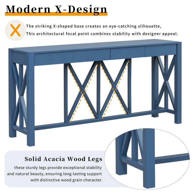 Acacia Veneer Console Table Entryway Table with 4 Drawers and X-Leg, Farmhouse Sofa Table with Open Bottom Storage