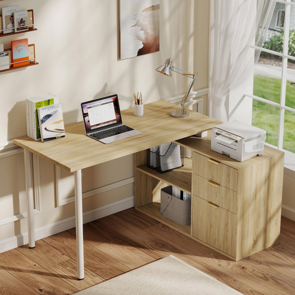 54W L Shaped Desk with Drawers and File Cabinet