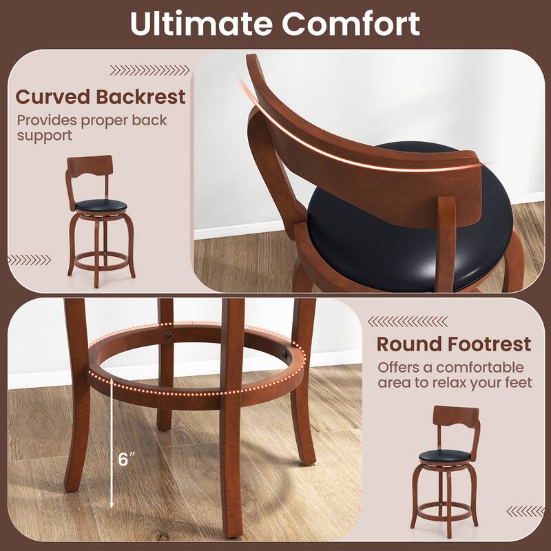 Gymax 24'' Swivel Bar Stools Set of 2 w/ Rubber Wood Frame Upholstered