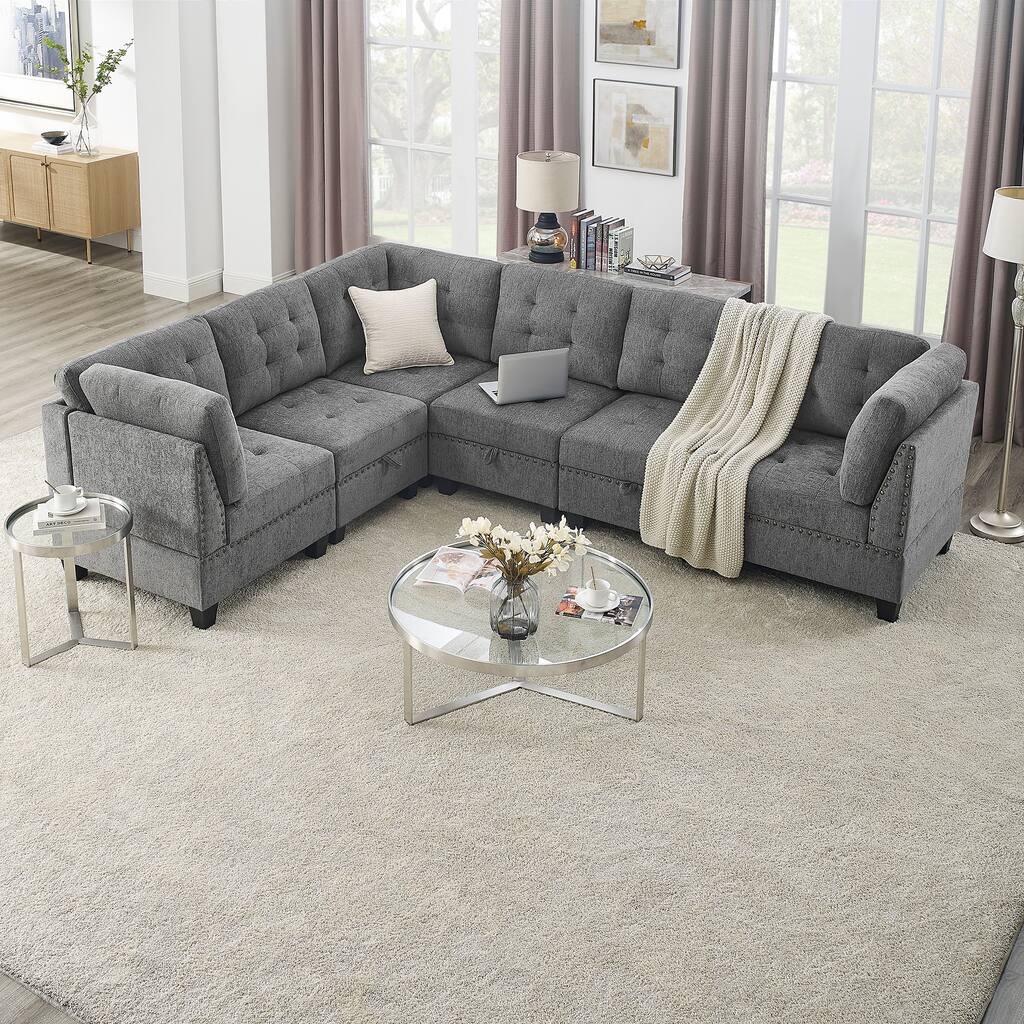 116" L-Shaped 6-Seat Sofa with Chairs and Storage