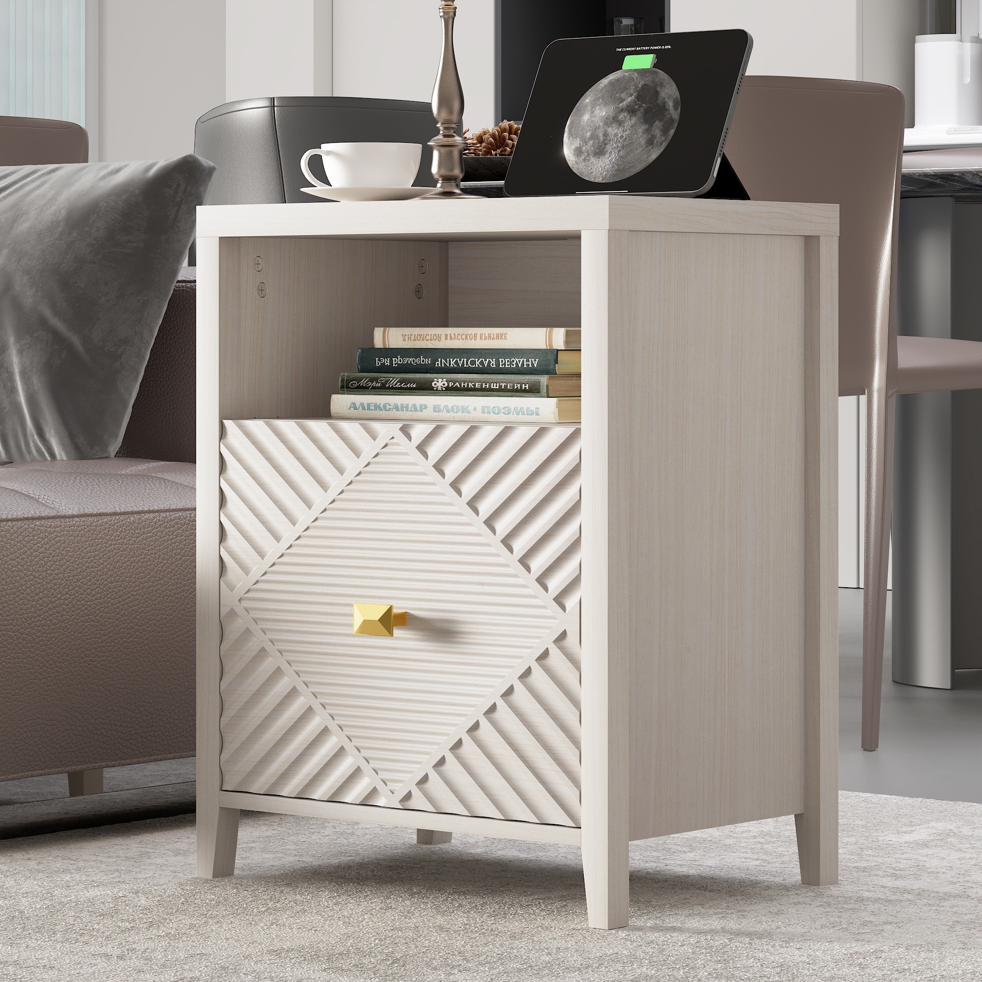 Modern Nightstand with Charging Station and Storage Cabinet
