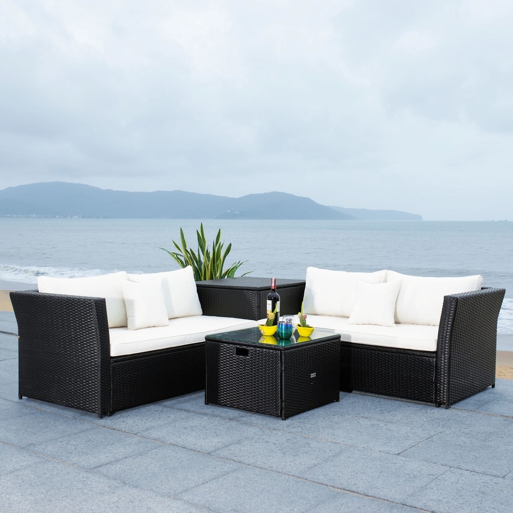 SAFAVIEH Outdoor Patio Furniture Helga 4-Piece Conversation Set with Storage - 57"W x 31"D x 26"H