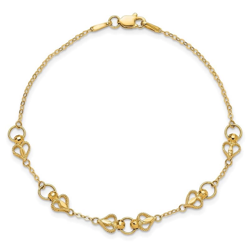 Curata 10k Gold 7.5" 5.5mm Textured Heart Station Links Bracelet